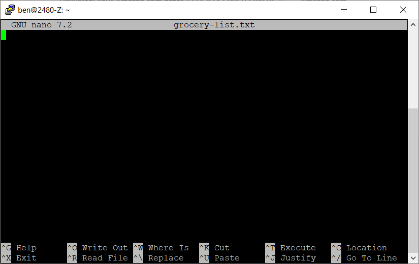 Blank grocery-list.txt file open in nano