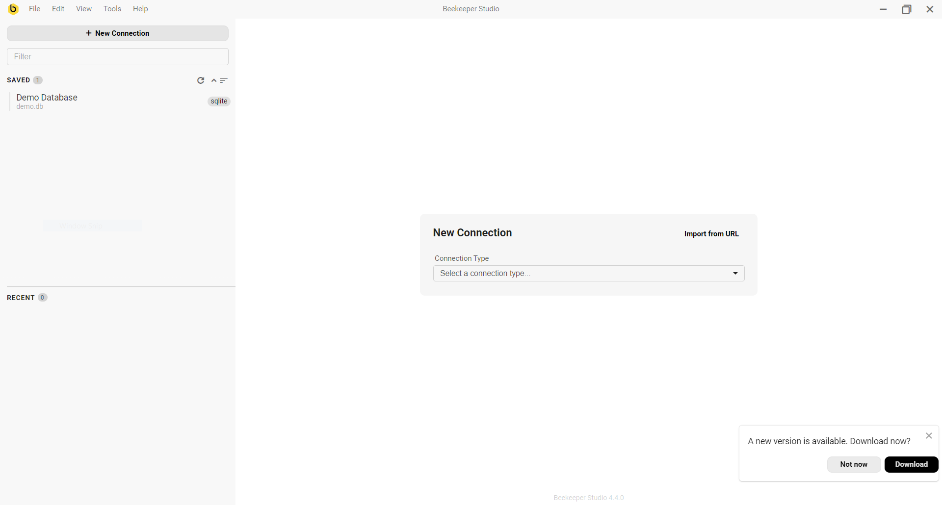 Freshly installed copy of Beekeeper Studio Opening