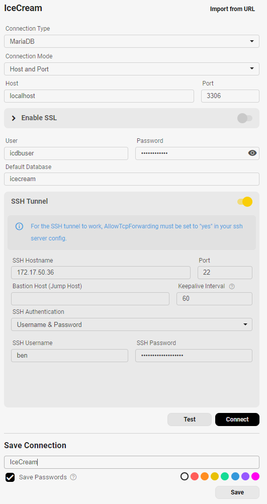 Filled new connection dialog