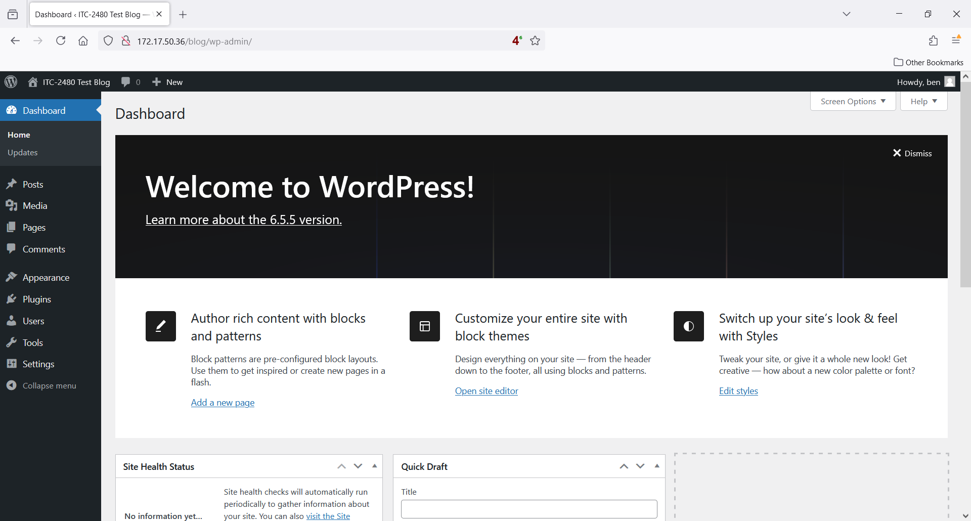 Wordpress administrative dashboard