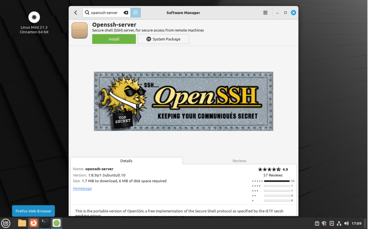 The Openssh-server package in the Linux Mint software manager