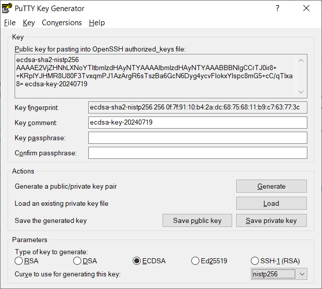 PuTTY Key Generator - Completed generating key