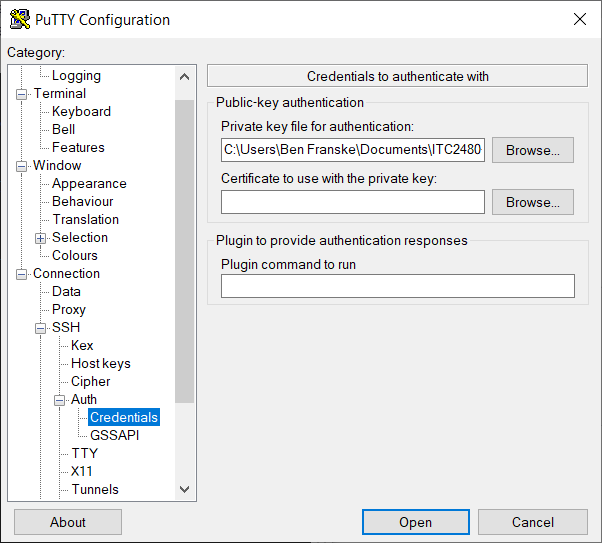 PuTTY - Setting a private key file to connect